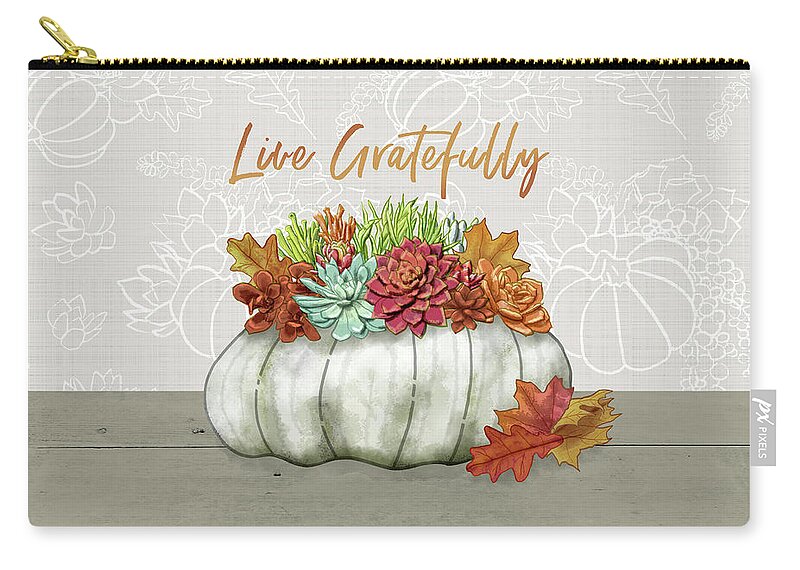 Live Gratefully Zip Pouch featuring the painting Live Gratefully Succulent Gray Pumpkin Arrangement by Jen Montgomery by Jen Montgomery