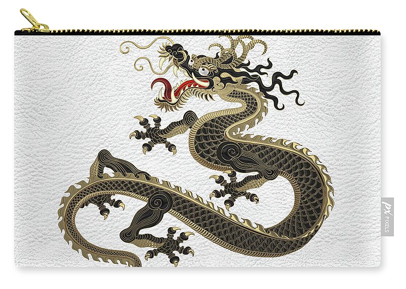 ‘the Great Dragon Spirits’ Collection By Serge Averbukh Zip Pouch featuring the digital art Black and Gold Sacred Eastern Dragon over White Leather by Serge Averbukh