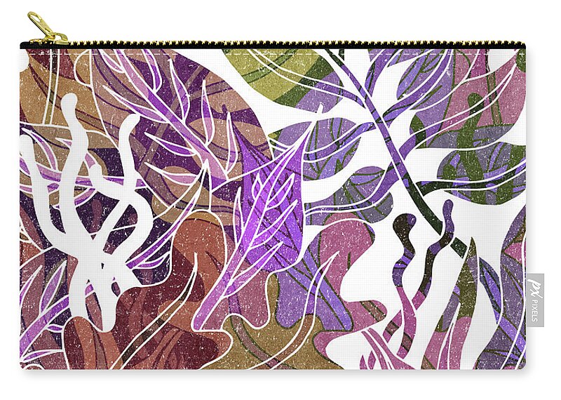 Leaf Zip Pouch featuring the mixed media Assortment of Leaves 4 - Exotic Boho Leaf Pattern - Colorful, Modern, Tropical Art - Purple, Brown by Studio Grafiikka