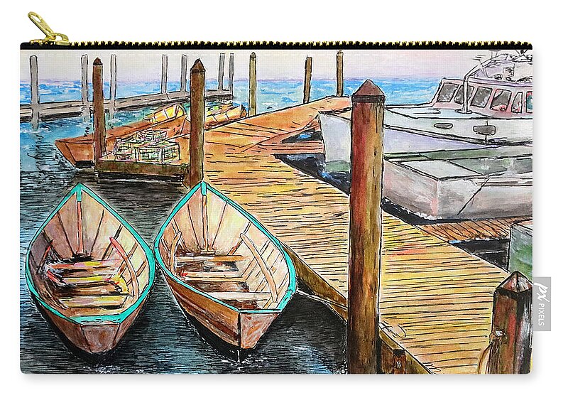 Boats Zip Pouch featuring the drawing At the Dock in Gloucester Massachusetts by Michele A Loftus