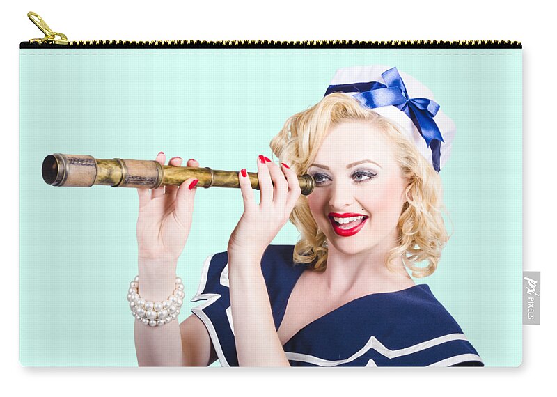 Woman Zip Pouch featuring the photograph Attractive pinup sailor girl with a monocular by Jorgo Photography