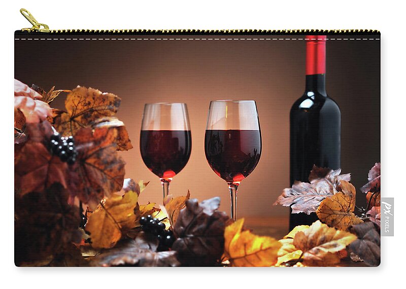 Orange Color Zip Pouch featuring the photograph Autumn Decoration With Wine by Moncherie