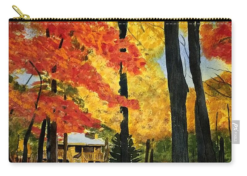 Cabin Zip Pouch featuring the painting Autumn's Lane by Ann Frederick