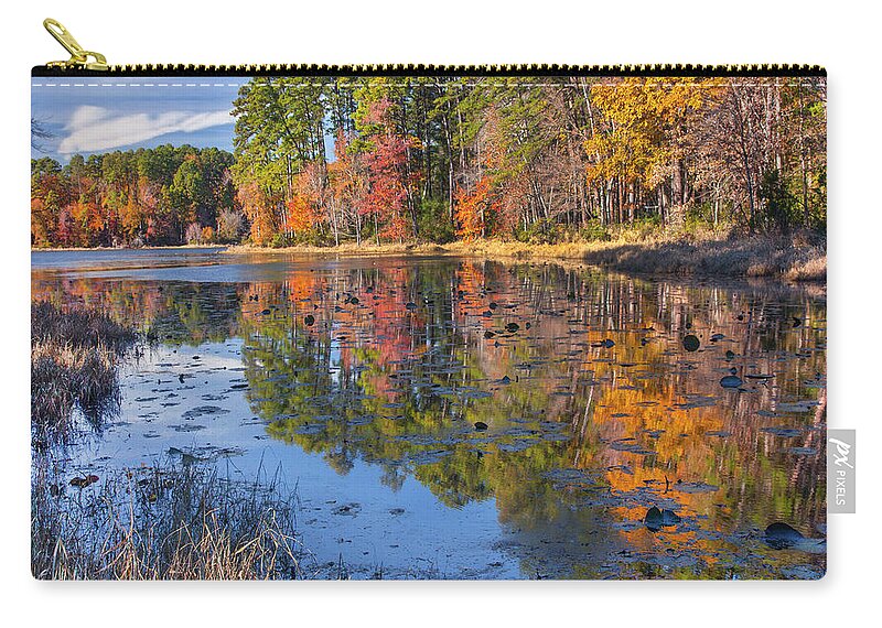 00586351 Zip Pouch featuring the photograph Autumn Trees Along Lake, Daingerfield State Park, Texas by Tim Fitzharris