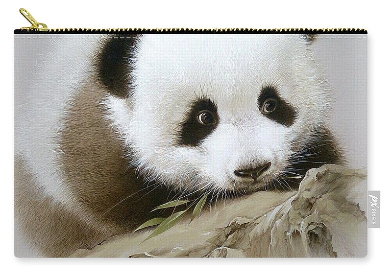 Russian Artists New Wave Zip Pouch featuring the painting Baby Panda with Bamboo Leaves by Alina Oseeva
