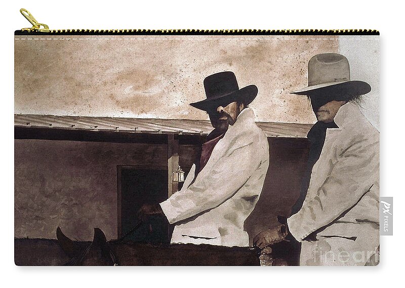 Two Questionable Cowboys Ride In To Town. Zip Pouch featuring the painting Bad News by Monte Toon