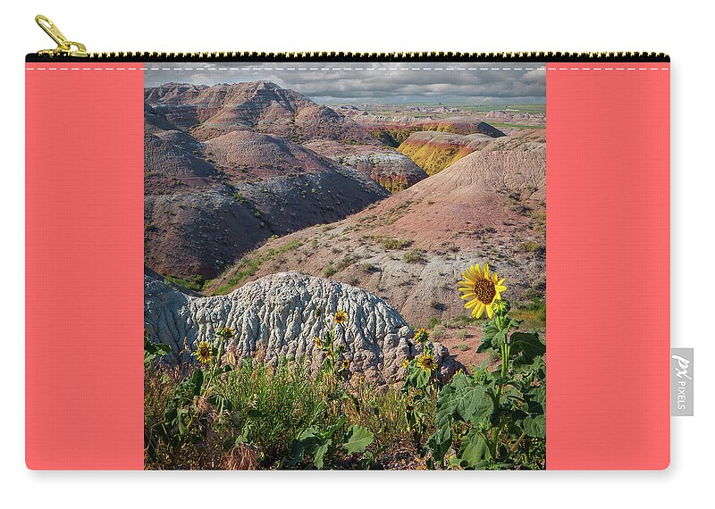 South Dakota Badlands Zip Pouch featuring the photograph Badlands Sunflower - Vertical by Patti Deters
