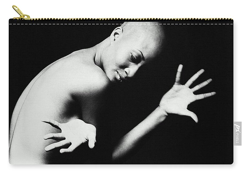 Looking Over Shoulder Zip Pouch featuring the photograph Bald, Naked Young Woman With Hands by Peter Dazeley
