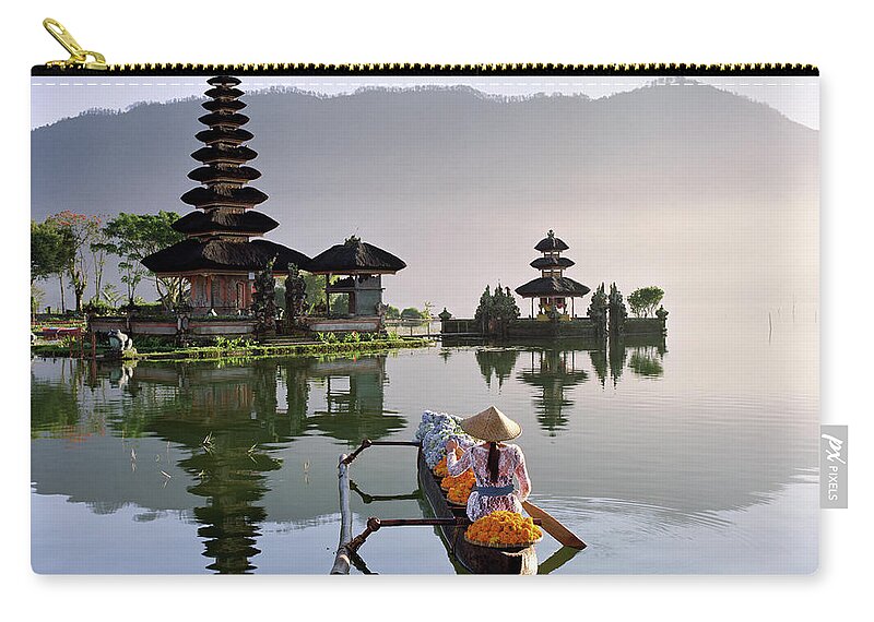 Working Zip Pouch featuring the photograph Bali, Pura Ulun Danu Bratan Temple by Martin Puddy