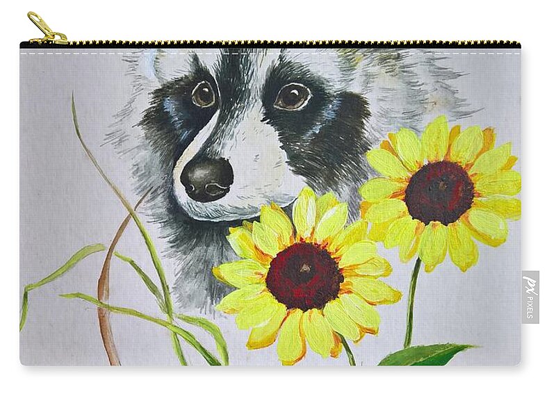 Raccoons Zip Pouch featuring the painting Bandit and the Sunflowers by ML McCormick