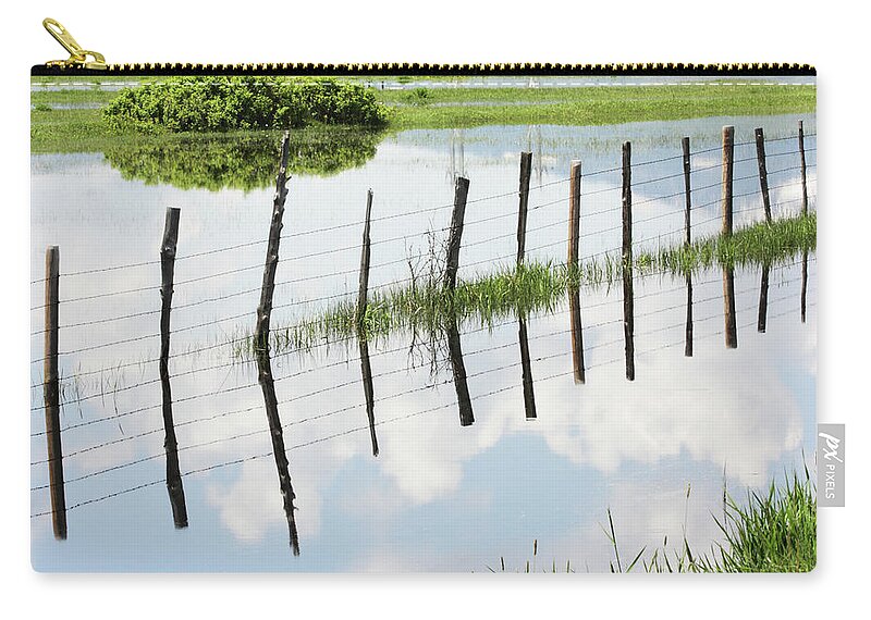 Scenics Zip Pouch featuring the photograph Barbed Wire Fence Farm Pond by Chuckschugphotography