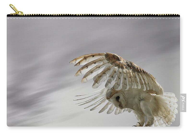 Bird Of Prey Zip Pouch featuring the photograph Barn Owl Flying Against And Overcast Sky by Digital Zoo
