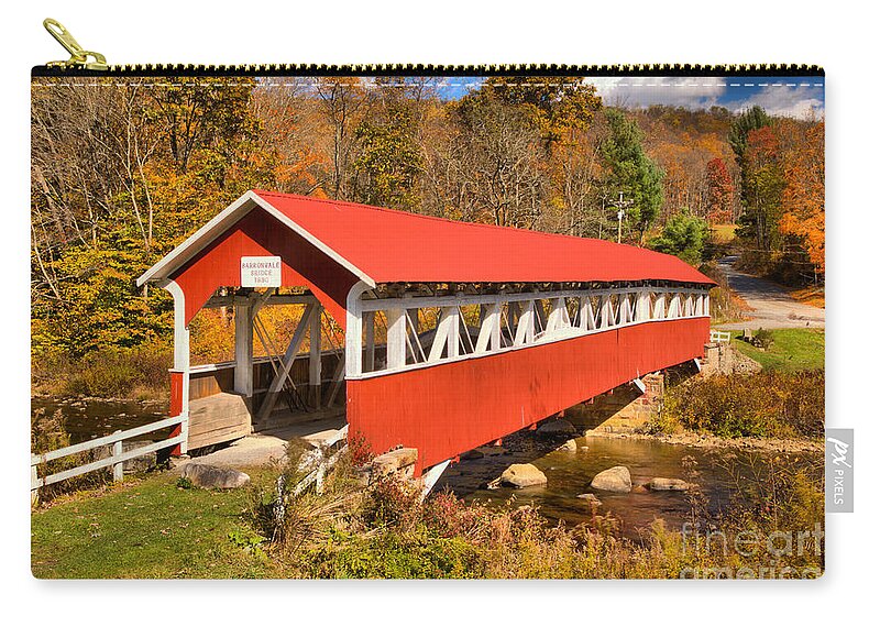 Barronvale Zip Pouch featuring the photograph Barronvale Covered Bridge Fall Landscape by Adam Jewell