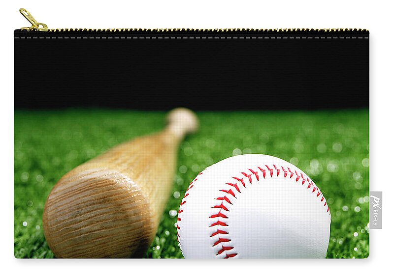 Grass Zip Pouch featuring the photograph Baseball And Bat On Grass by Yamada Taro