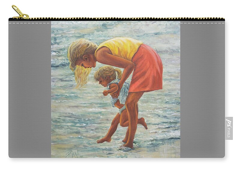 Mother And Child At Beach Zip Pouch featuring the painting Forever Memories by Lynne Pittard
