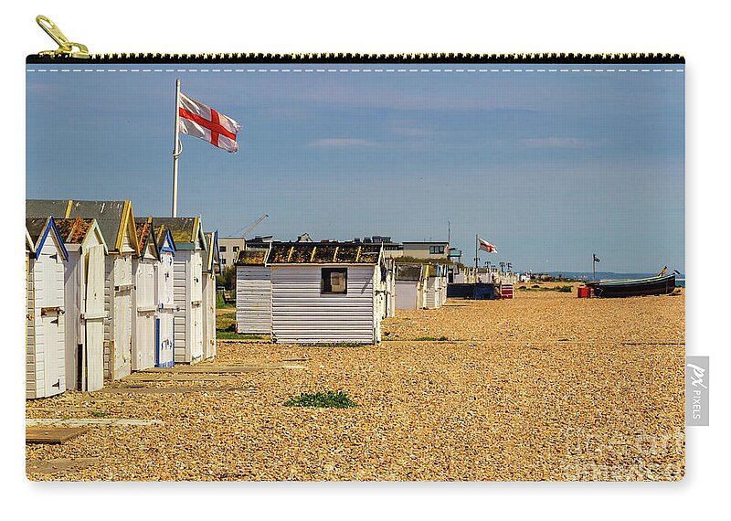 Beach Zip Pouch featuring the photograph Beach Huts with Flags by Roslyn Wilkins