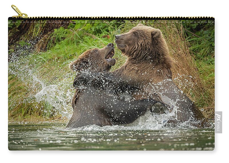 Bears Zip Pouch featuring the photograph Bear Wrestling by Laura Hedien