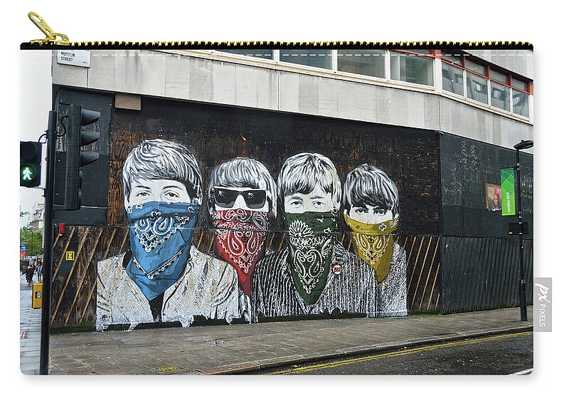 Bansky Zip Pouch featuring the photograph Yhe Beatles wearing face masks street mural in London by RicardMN Photography
