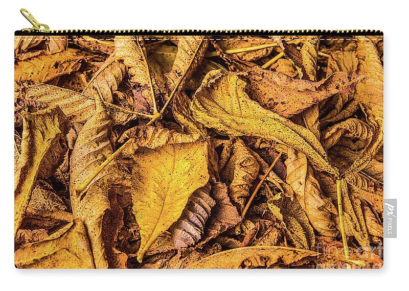 Arrangement Zip Pouch featuring the photograph Beautiful arrangement of a collection of dry fall leaves in autumn colors. A decorative fine art image. by Ulrich Wende