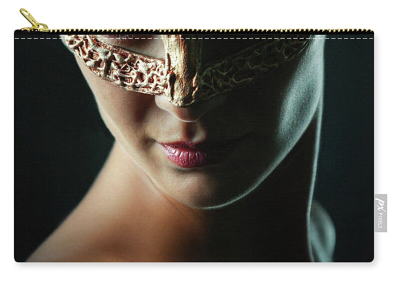 Art Zip Pouch featuring the photograph Beauty model woman wearing masquerade carnival mask by Dimitar Hristov