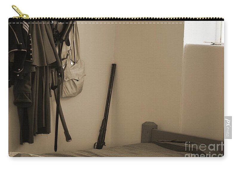 Bed Zip Pouch featuring the photograph Bed in Barracks at Fort Stanton New Mexico In Sepia by Colleen Cornelius