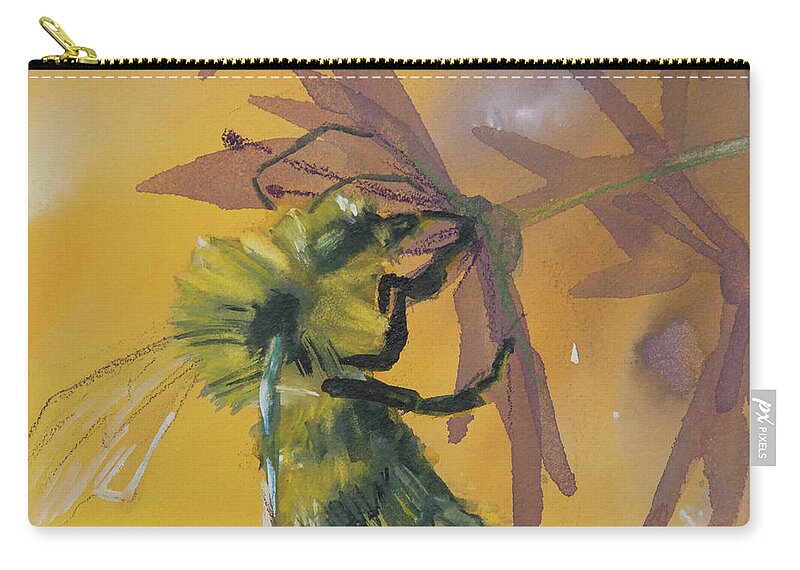 Bee Zip Pouch featuring the painting Bee On Allium by Jani Freimann