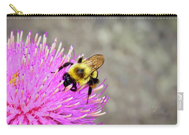 Macro Photography Zip Pouch featuring the photograph Bee On Pink Bull Thistle by Meta Gatschenberger