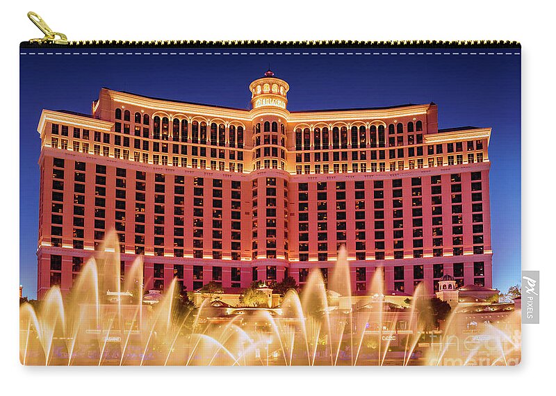 Bellagio Zip Pouch featuring the photograph Bellagio Fountains Arches at Dusk by Aloha Art