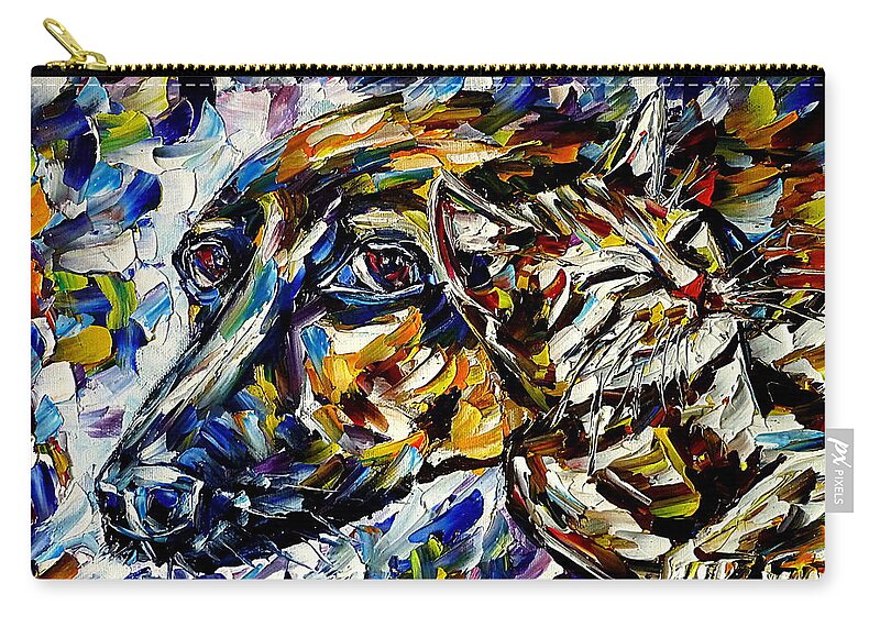 Cat And Dog Scene Zip Pouch featuring the painting Best Friends II by Mirek Kuzniar