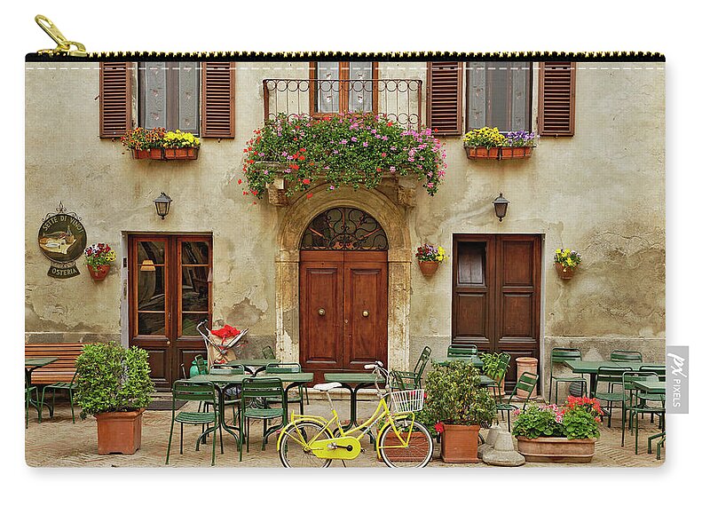 Pienza Zip Pouch featuring the photograph Bicycle In Front Of Small Cafe, Tuscany by Adam Jones