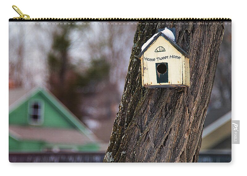 Birdhouse Zip Pouch featuring the photograph Birdhouse with Home Tweet Home sign by Phil Cardamone