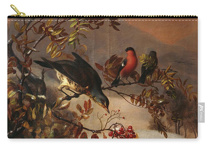 Frants Boee Zip Pouch featuring the painting Birds on a rowanberrry twig by O Vaering