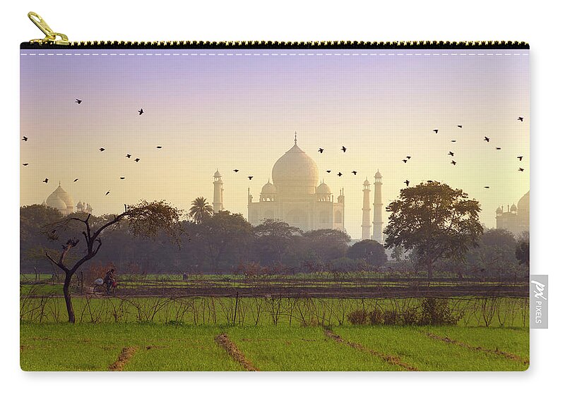 Animals In The Wild Zip Pouch featuring the photograph Birds Take Flight Near Taj Mahal by Adrian Pope