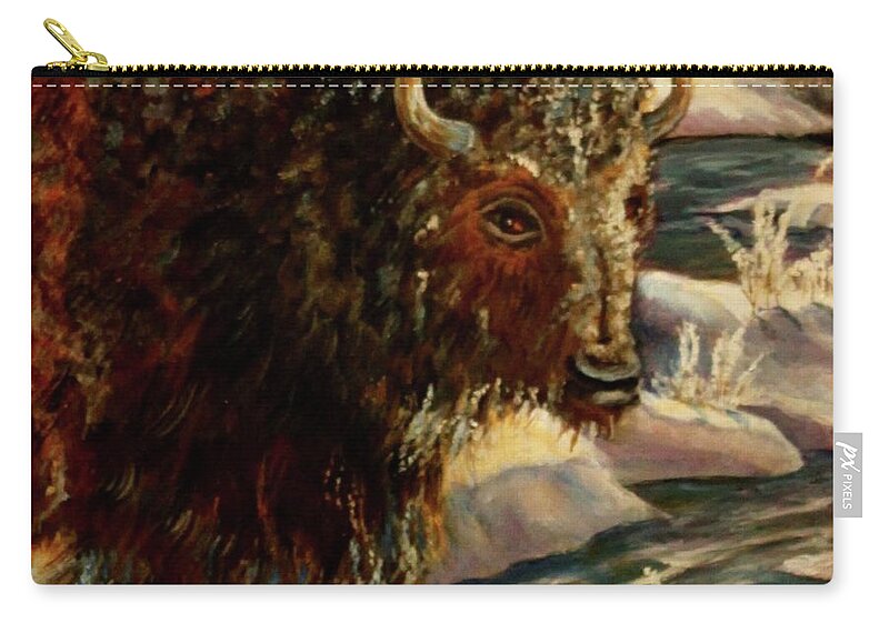 Bison In The Depths Of Winter In Yellowstone National Park Zip Pouch featuring the painting Bison In The Depths Of Winter in Yellowstone National Park by Philip And Robbie Bracco