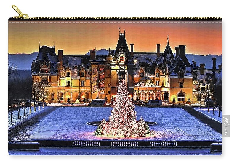 Holidays At Biltmore House Zip Pouch featuring the photograph Biltmore Christmas Night all Covered In Snow Painting by Carol Montoya