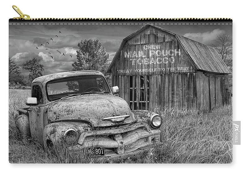 Chevy Zip Pouch featuring the photograph Black and White of Rusted Chevy Pickup Truck in a Rural Landscape by a Mail Pouch Tobacco Barn by Randall Nyhof