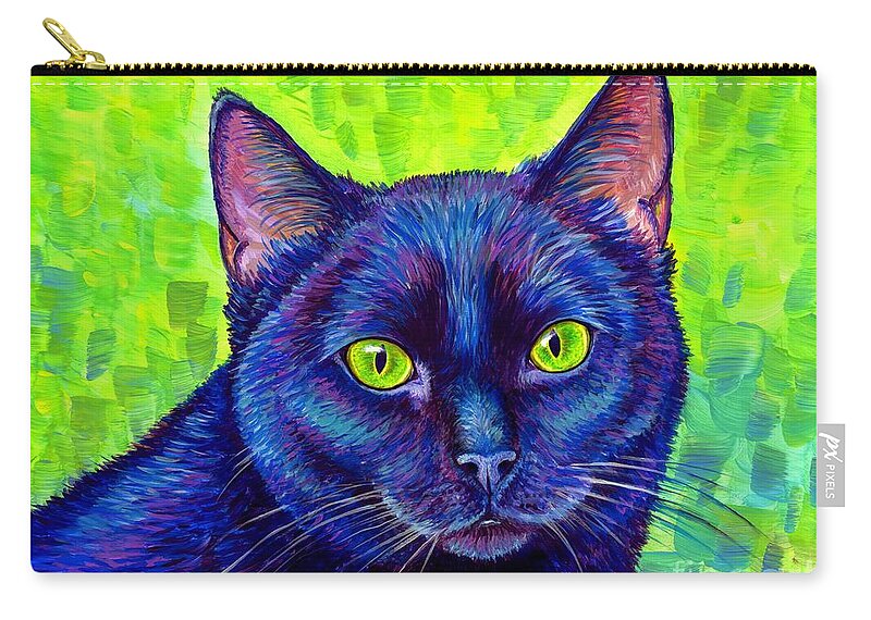 Cat Zip Pouch featuring the painting Black Cat with Chartreuse Eyes by Rebecca Wang