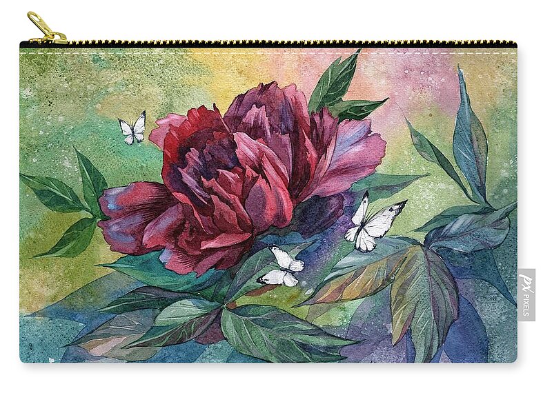 Russian Artists New Wave Zip Pouch featuring the painting Black Peony Flower and Butterflies by Ina Petrashkevich