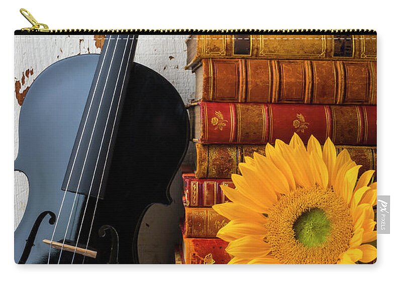 Violin Zip Pouch featuring the photograph Black Violin And Stack Of Books by Garry Gay