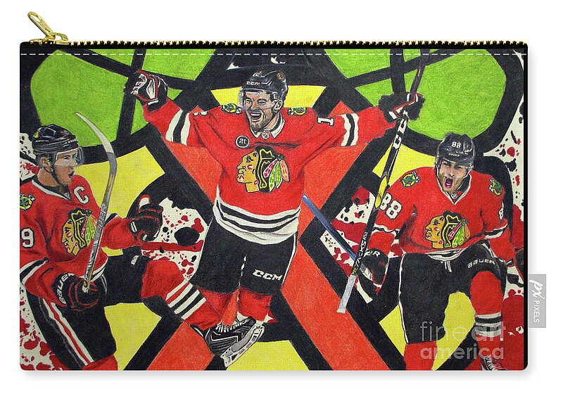 Blackhawks Zip Pouch featuring the drawing Blackhawks Authentic Fan Limited Edition Piece by Melissa Jacobsen