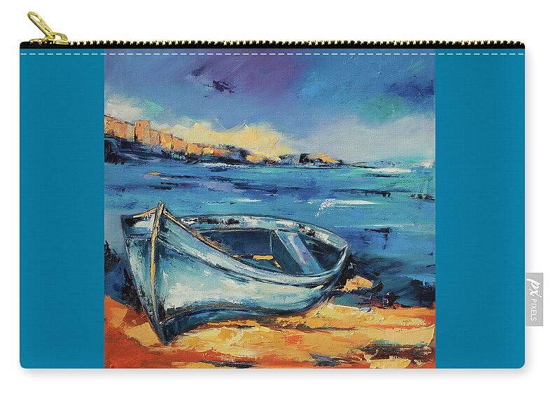 Boat Zip Pouch featuring the painting Blue Boat on the Mediterranean Beach by Elise Palmigiani