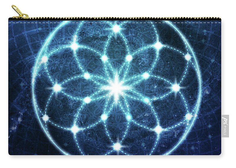 Seed Of Life Zip Pouch featuring the digital art Blue Cosmic Geometric Flower Mandala by Laura Ostrowski