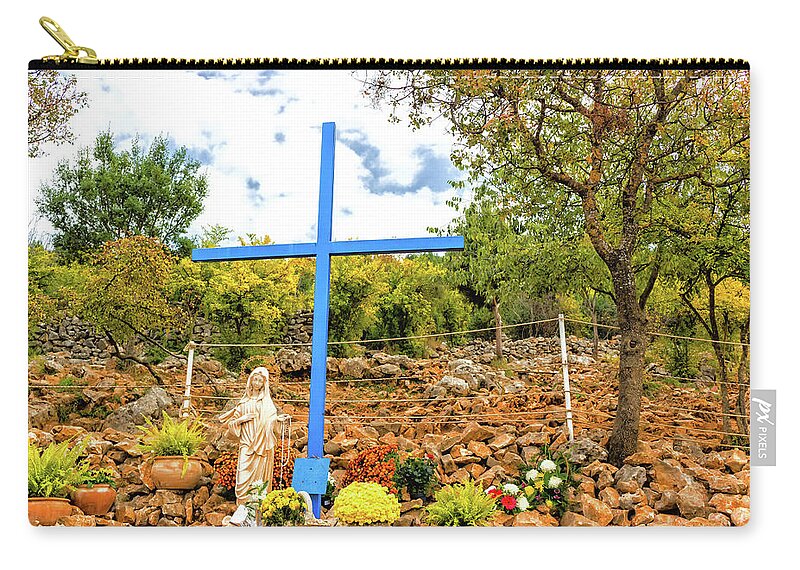 Bosnia Zip Pouch featuring the photograph Blue Cross at Apparition Mountain in Medjugorje by Vivida Photo PC