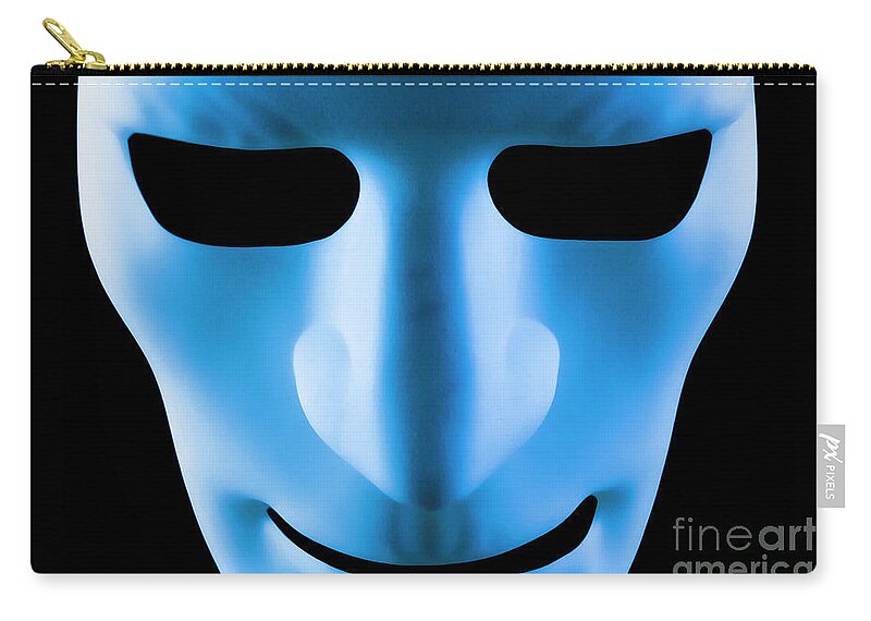 Mask Zip Pouch featuring the photograph Blue face artificial intelligence robot by Simon Bratt