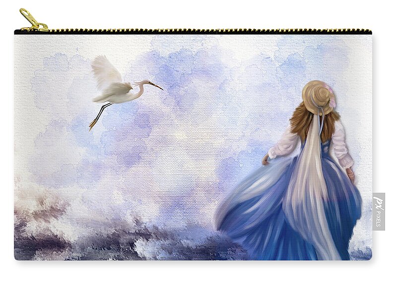 Girl In Blue Dress And Hat Zip Pouch featuring the digital art Blue Girl by Mary Timman