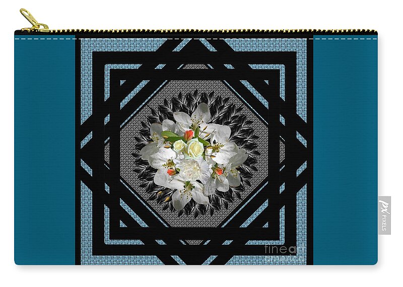 Blue Carry-all Pouch featuring the digital art Blue Grey Floral Framed for Pillows by Delynn Addams