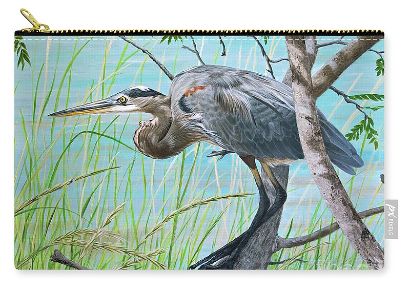 Blue Heron Zip Pouch featuring the painting Blue Heron in the Bush by Jimmie Bartlett