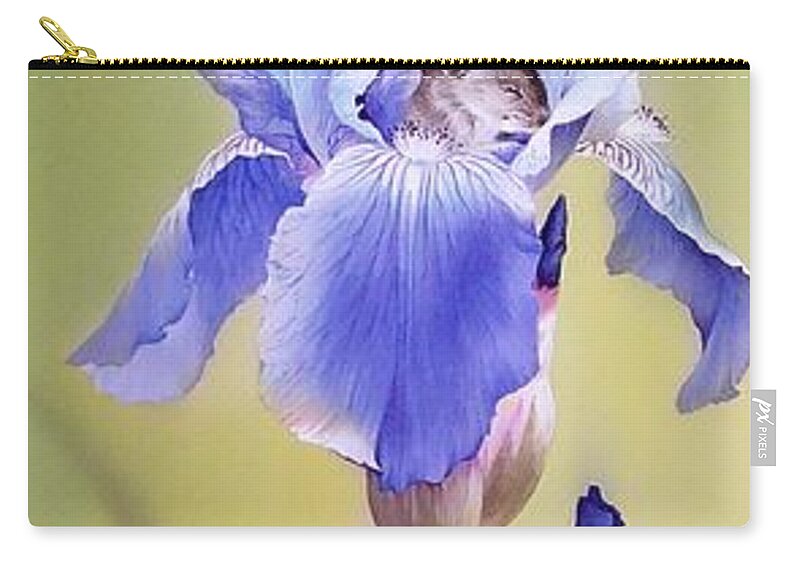Russian Artists New Wave Zip Pouch featuring the painting Blue Irises with Sleeping Baby Mouse by Alina Oseeva