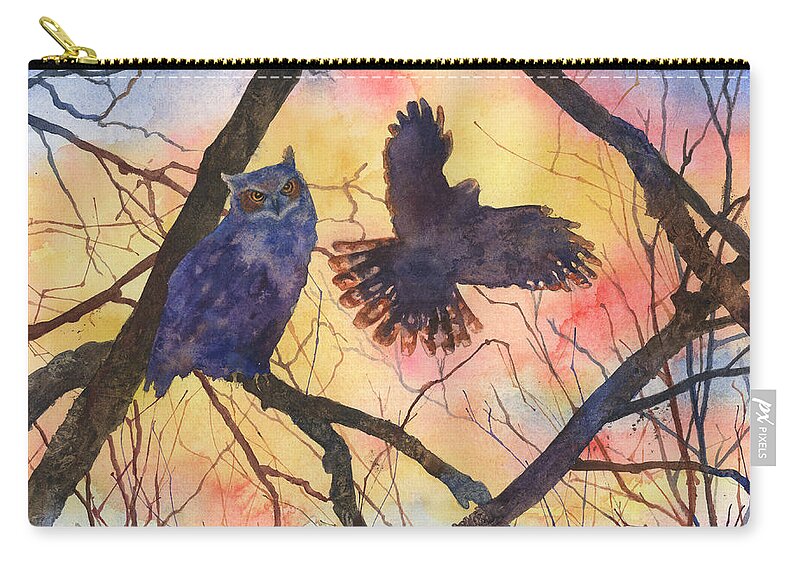 Owl Painting Zip Pouch featuring the painting Blue Owl by Anne Gifford