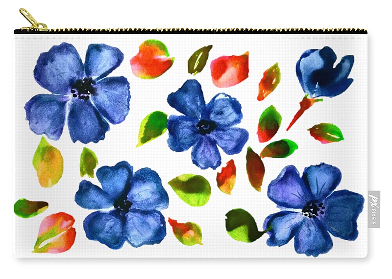 Blue Zip Pouch featuring the painting Blue Wild Flowers Watercolor Transparent Background by Delynn Addams